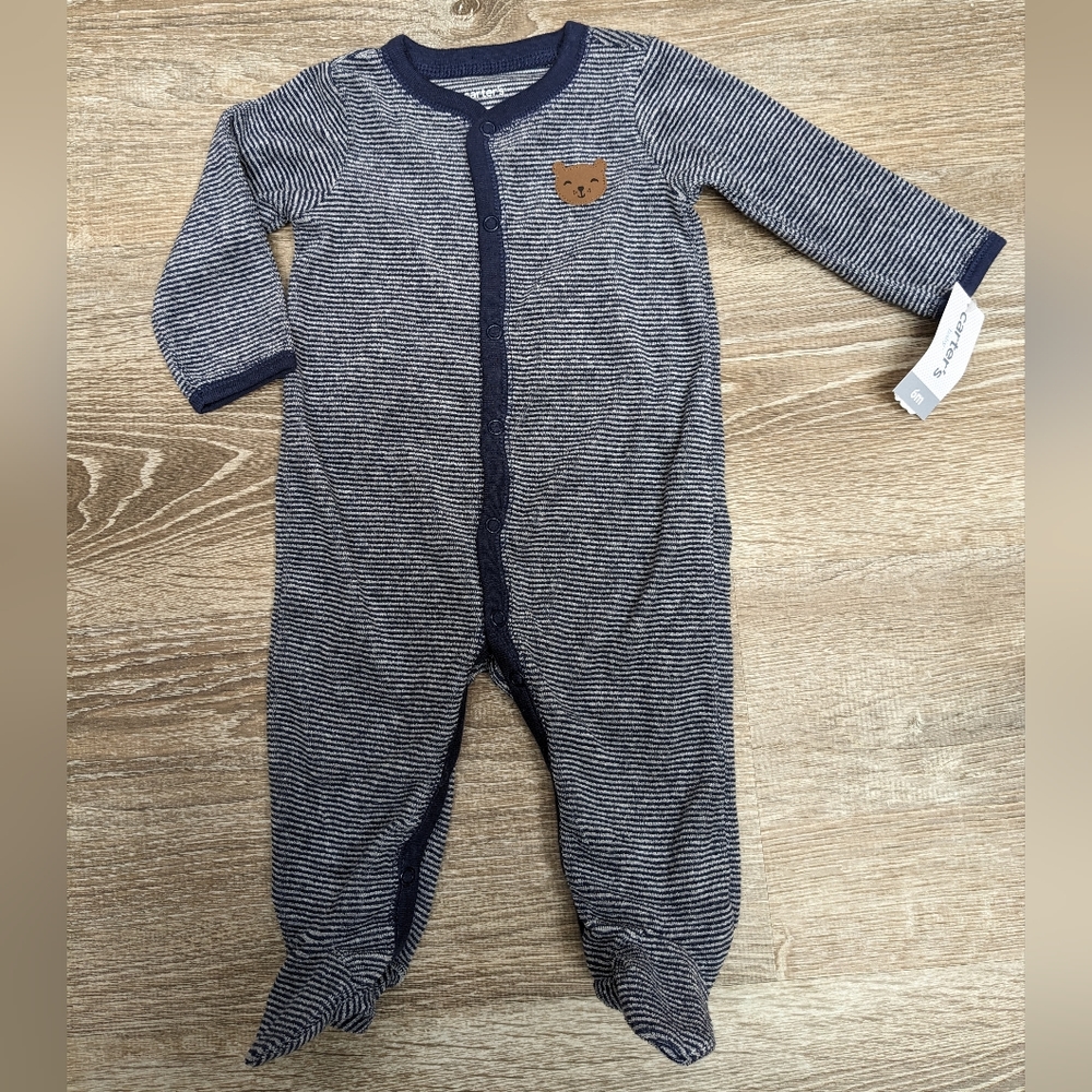 NWT Carter's Bear Blue Striped Snap Button Sleep and Play Footie Size 3-6 Months